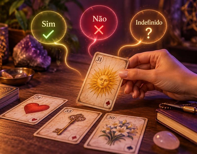 Cartas sobre uma mesa ilustrando respostas sim, não e indefinido