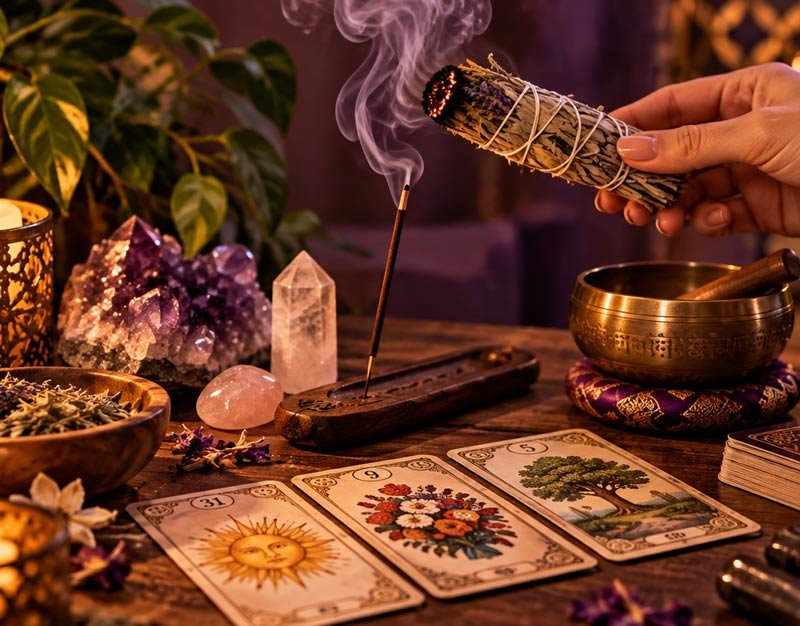 Mesa com cartas e elementos de preparação energética para a leitura